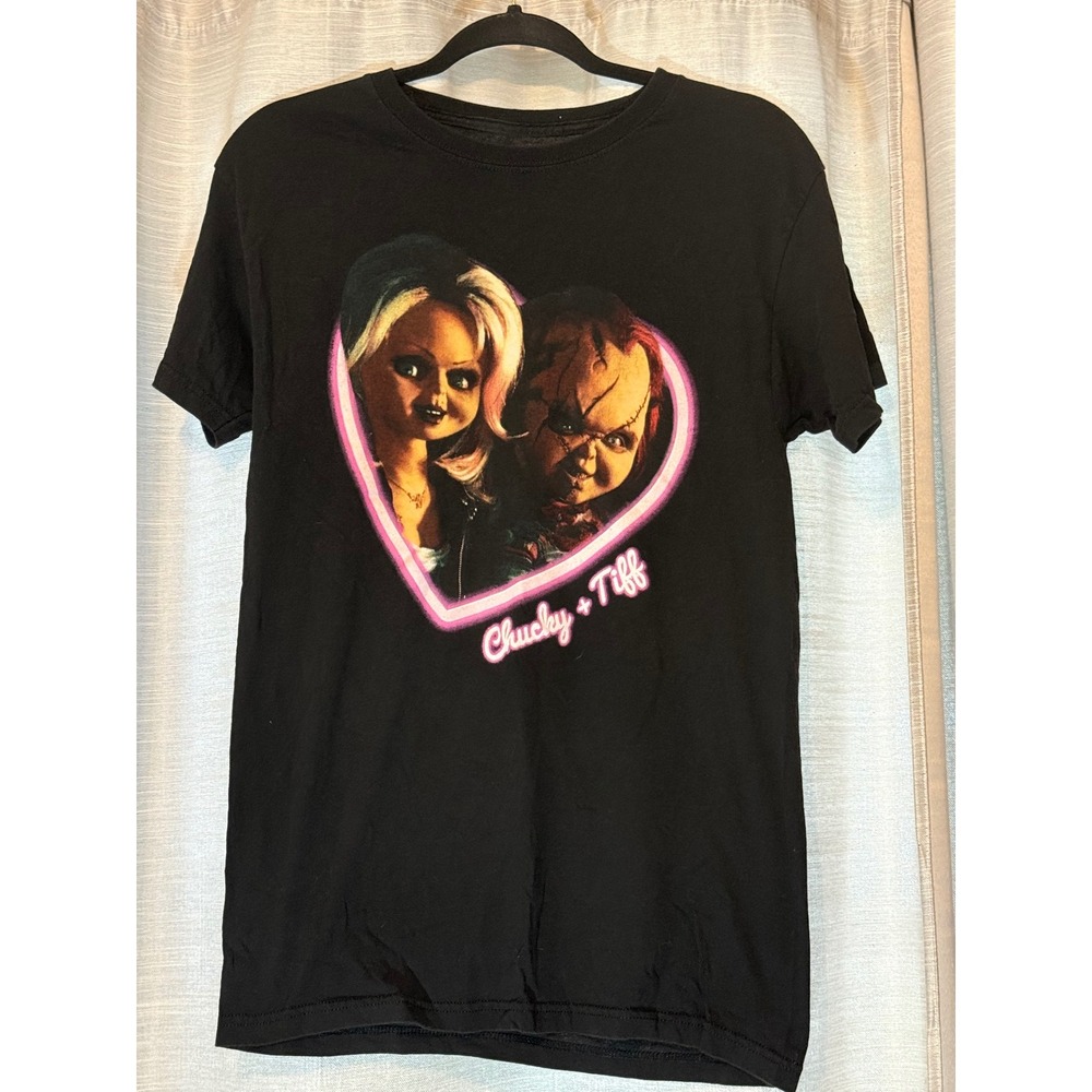 Chucky and Tiffany Heart Graphic T-Shirt Black Seed of Chucky Horror Movie Small